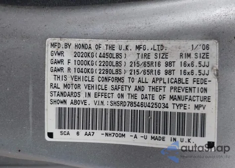 2006 Honda Cr-V Lx from USA, damaged, VIN SHSRD78546U425034